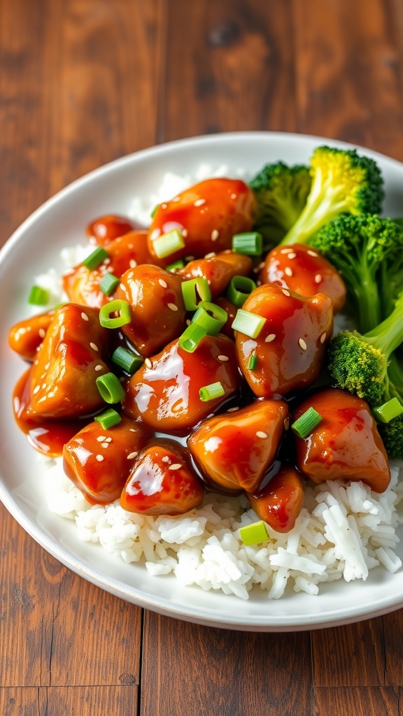 Honey garlic chicken served with rice and broccoli, garnished with green onions and sesame seeds.